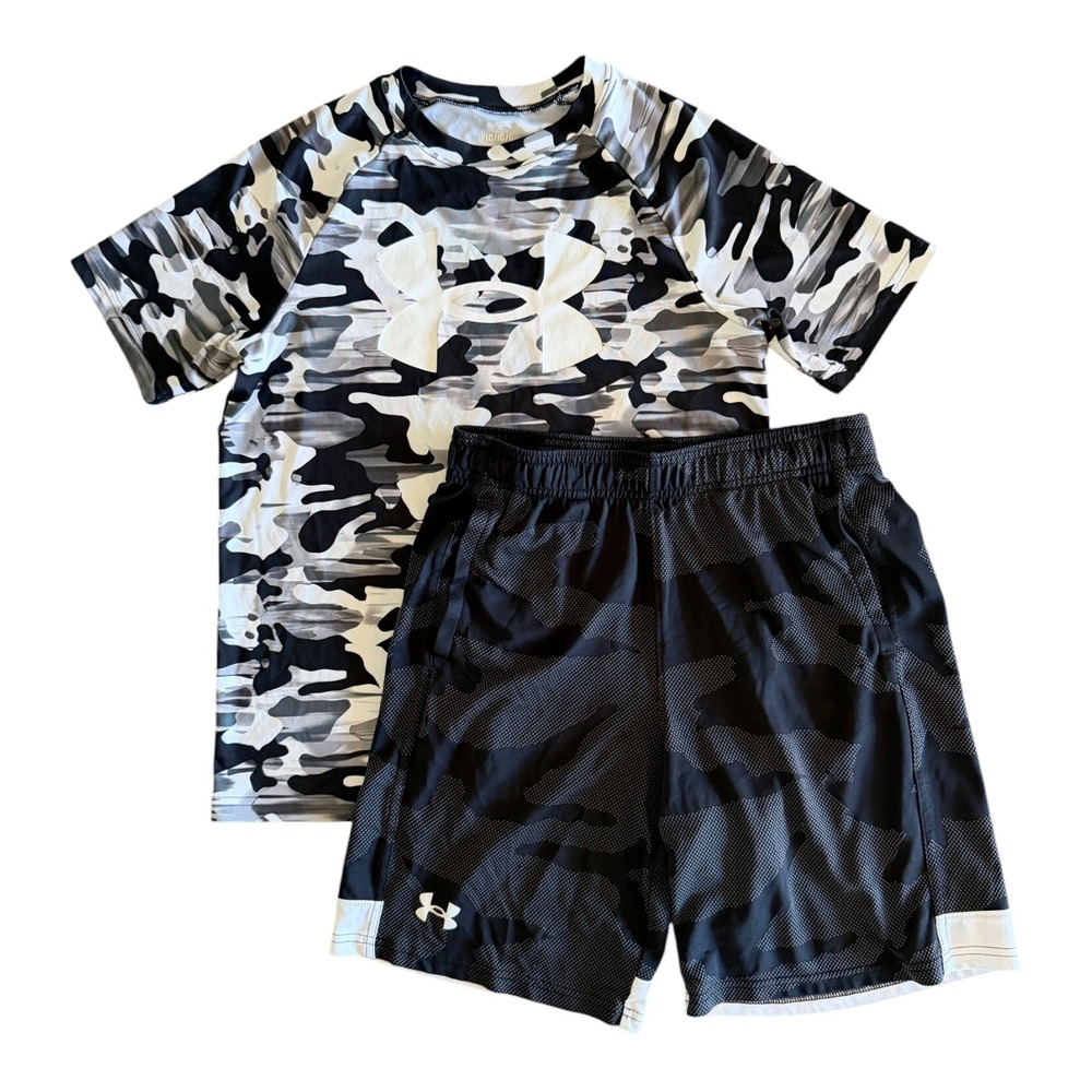 Under Armour Boys Black White Camo Athletic Shirt Shorts Set - Youth Large